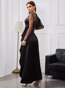 SHEIN Belle Dobby Mesh Panel Ruffle Detail Split Thigh Satin Dress, Black Long Sleeve Cocktail Semi Formal Prom Dress, For Birthday, Wedding Guest, Graduation, Dinner, Homecoming - Black - View 2
