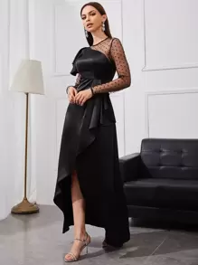 SHEIN Belle Dobby Mesh Panel Ruffle Detail Split Thigh Satin Dress, Black Long Sleeve Cocktail Semi Formal Prom Dress, For Birthday, Wedding Guest, Graduation, Dinner, Homecoming - Black - View 3