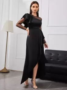 SHEIN Belle Dobby Mesh Panel Ruffle Detail Split Thigh Satin Dress, Black Long Sleeve Cocktail Semi Formal Prom Dress, For Birthday, Wedding Guest, Graduation, Dinner, Homecoming - Black - View 4