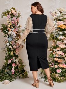 SHEIN Privé Plus Square Neck Contrast Mesh Bodycon Dress - Black - View 3