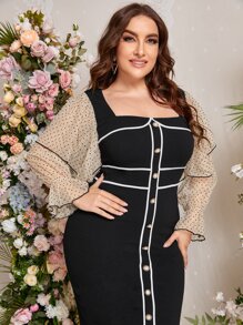 SHEIN Privé Plus Square Neck Contrast Mesh Bodycon Dress - Black - View 4