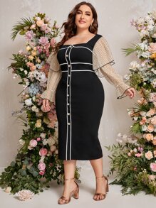 SHEIN Privé Plus Square Neck Contrast Mesh Bodycon Dress - Black - View 1