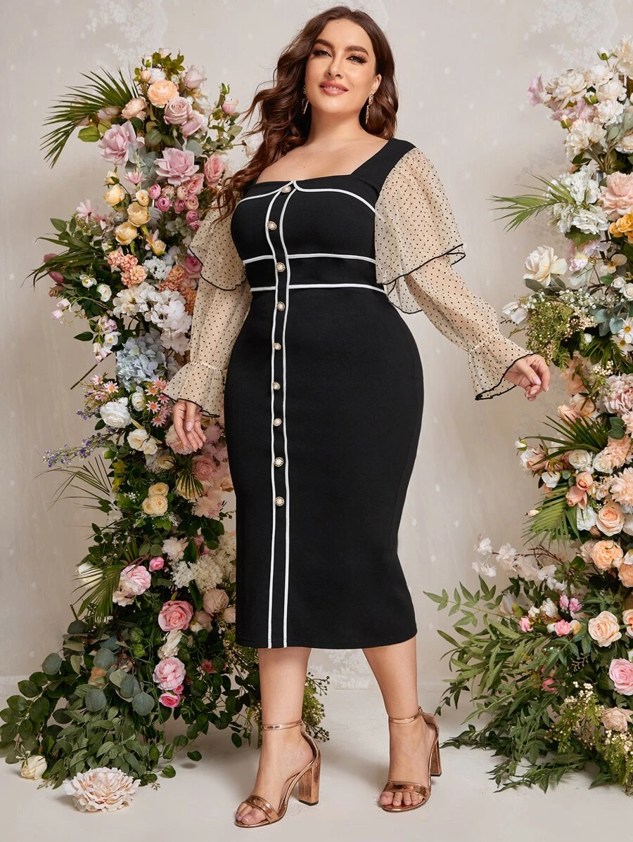 SHEIN Privé Plus Square Neck Contrast Mesh Bodycon Dress - Black - View 1