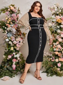 SHEIN Privé Plus Square Neck Contrast Mesh Bodycon Dress - Black - View 5