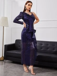 SHEIN 不規則肩垂墜高衩亮片伴娘連衣裙 - 藏蓝色 - 查看 5