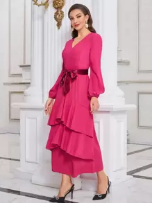 Modelyn Lantern Sleeve Layer Hem Belted Dress - Hot Pink - View 1
