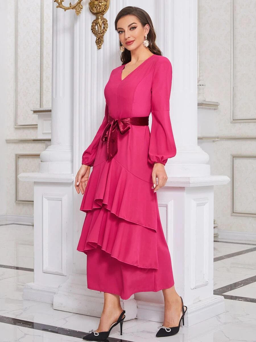 Modelyn Lantern Sleeve Layer Hem Belted Dress - Hot Pink - View 1