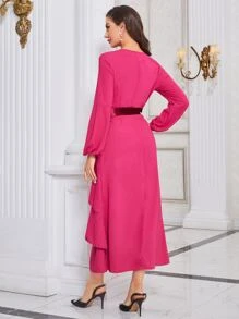 Modelyn Lantern Sleeve Layer Hem Belted Dress - Hot Pink - View 2
