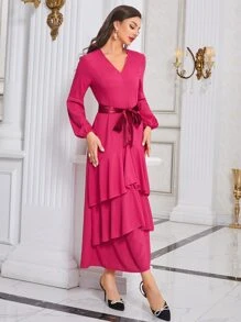 Modelyn Lantern Sleeve Layer Hem Belted Dress - Hot Pink - View 3
