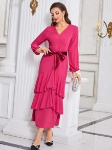 Modelyn Lantern Sleeve Layer Hem Belted Dress - Hot Pink - View 4