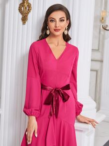 Modelyn Lantern Sleeve Layer Hem Belted Dress - Hot Pink - View 5