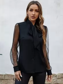 SHEIN Clasi Áo sơ mi nữ cổ bẻ lưới chấm bi tương phản - màu đen - Xem 4