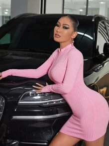 SHEIN SXY Half Zip Ribbed Knit Bodycon Dress - Pink - View 5