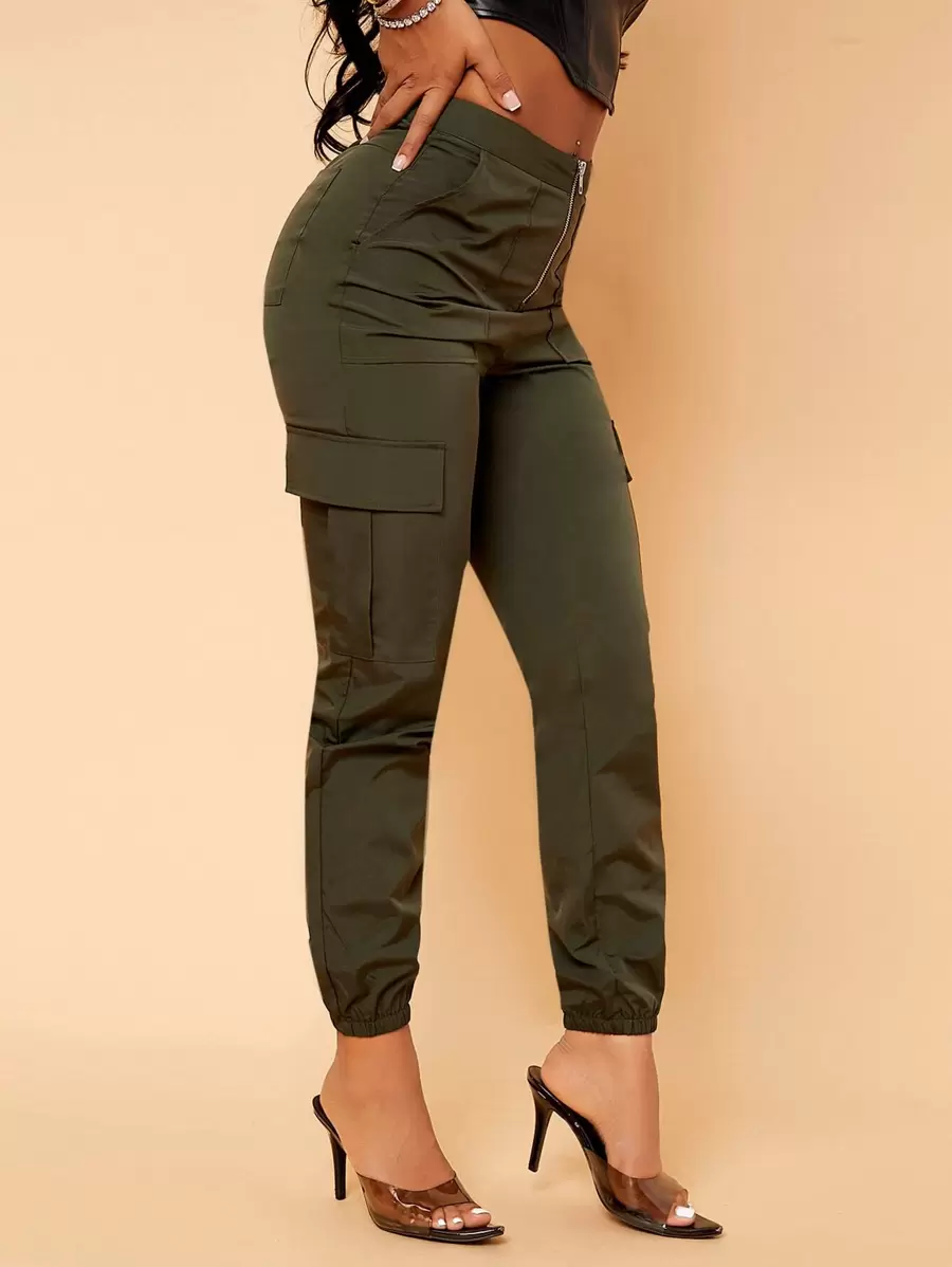 SHEIN SXY 拉鏈開襟側口袋工裝褲