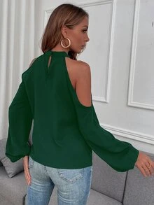 SHEIN LUNE Cold Shoulder Bishop Sleeve Blouse - Dark Green - View 2