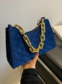 Glitter, Shiny, Luxury, Glamorous, Elegant, Exquisite Velvet Quilted Chain Bag For Girls, Women, College Students, Rookies & White-Collar Workers For Party, Prom, Wedding, Shopping - Royal Blue - View 4