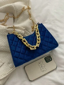 Glitter, Shiny, Luxury, Glamorous, Elegant, Exquisite Velvet Quilted Chain Bag For Girls, Women, College Students, Rookies & White-Collar Workers For Party, Prom, Wedding, Shopping - Royal Blue - View 6
