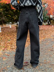 DAZY Quần jean ống đứng lưng cao - màu đen - Xem 2