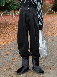 DAZY Quần jean ống đứng lưng cao - màu đen - Xem 3