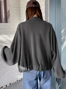 DAZY 標語圖案燈籠袖拉鍊套頭衫 - 深灰色 - 查看 2