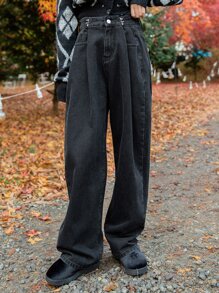 DAZY Quần jean ống đứng lưng cao - màu đen - Xem 7