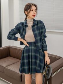 DAZY 格紋落肩袖夾克和高腰百褶半身裙 - 藏蓝色 - 查看 1