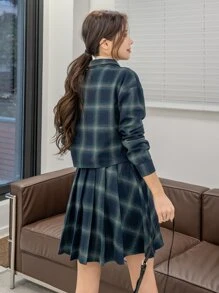 DAZY 格紋落肩袖夾克和高腰百褶半身裙 - 藏蓝色 - 查看 2