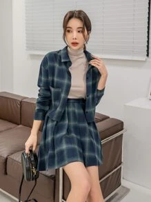 DAZY 格紋落肩袖夾克和高腰百褶半身裙 - 藏蓝色 - 查看 5