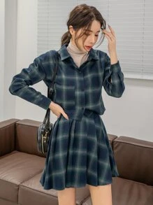 DAZY 格紋落肩袖夾克和高腰百褶半身裙 - 藏蓝色 - 查看 6