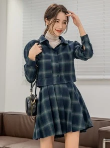 DAZY 格紋落肩袖夾克和高腰百褶半身裙 - 藏蓝色 - 查看 7