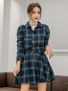 DAZY 格紋落肩袖夾克和高腰百褶半身裙 - 藏蓝色 - 查看 8