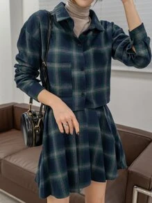 DAZY 格紋落肩袖夾克和高腰百褶半身裙 - 藏蓝色 - 查看 10