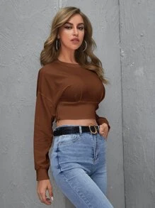 SHEIN EZwear Top corto de hombros caídos manga larga - Café integral - Ver 3
