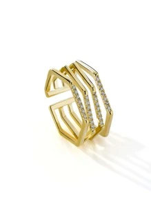 Cubic Zirconia Decor Cuff Ring - Yellow Gold - View 2