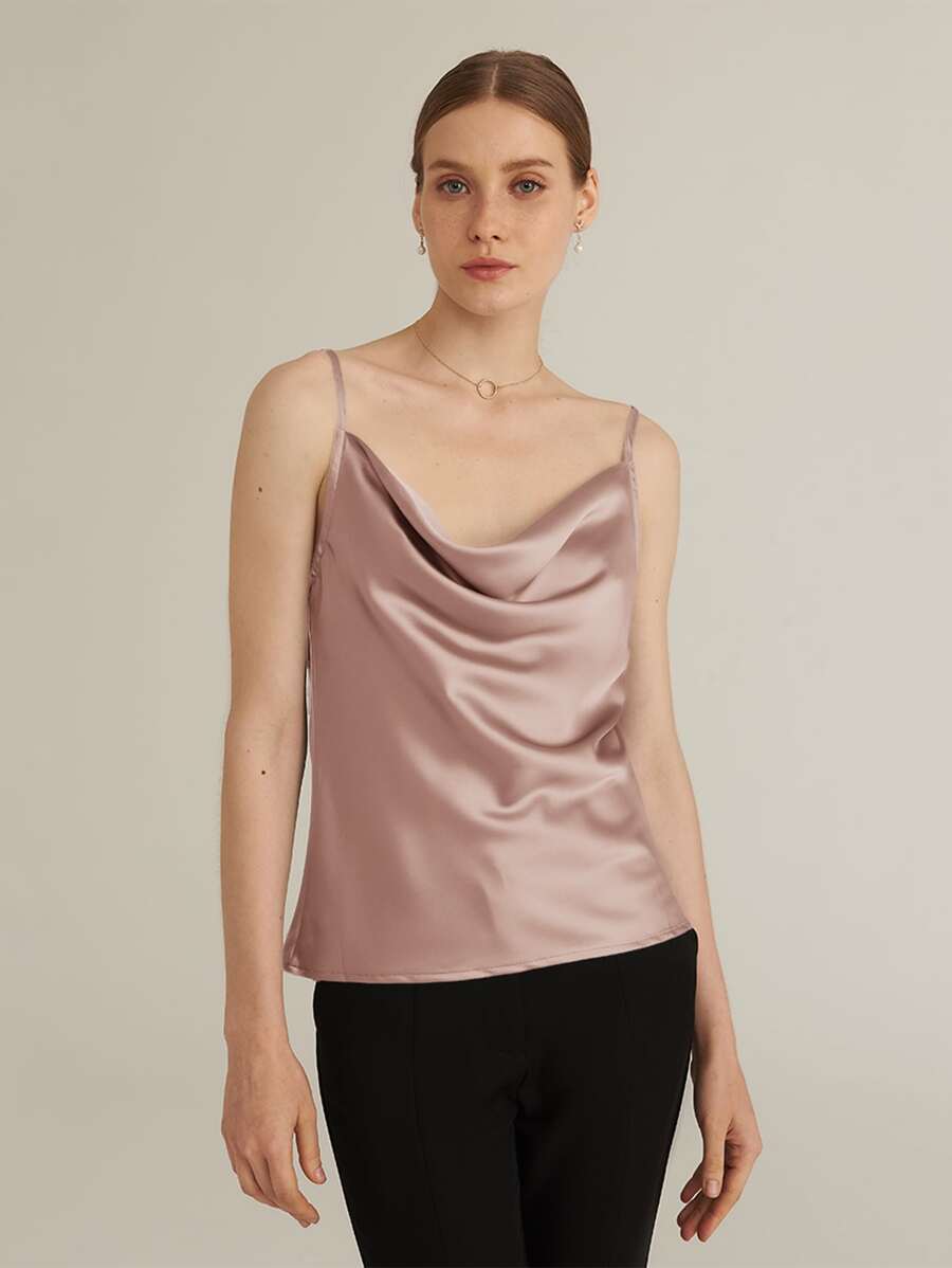 SHEIN Draped Neck Satin Cami Top - Dusty Pink - View 1