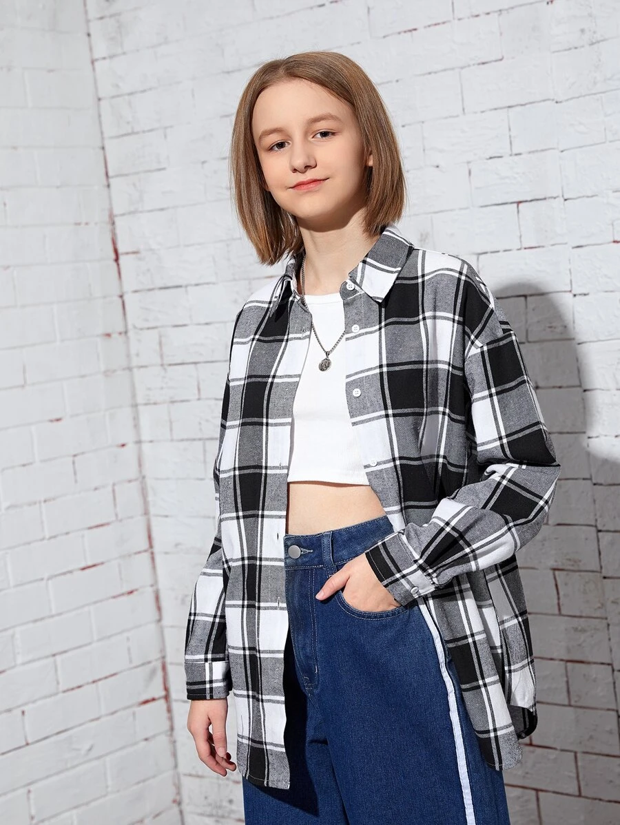 SHEIN Áo cánh Gái Nút phía trước Sọc ca rô Sẵn sàng - Đen và trắng - Xem 1
