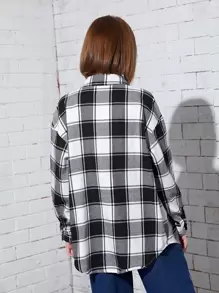 SHEIN Áo cánh Gái Nút phía trước Sọc ca rô Sẵn sàng - Đen và trắng - Xem 2