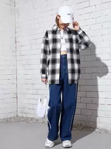 SHEIN Áo cánh Gái Nút phía trước Sọc ca rô Sẵn sàng - Đen và trắng - Xem 3