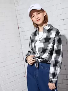 SHEIN Áo cánh Gái Nút phía trước Sọc ca rô Sẵn sàng - Đen và trắng - Xem 4