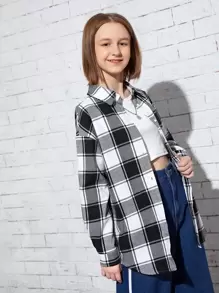 SHEIN Áo cánh Gái Nút phía trước Sọc ca rô Sẵn sàng - Đen và trắng - Xem 5