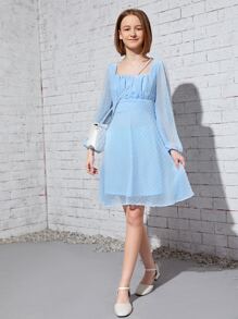 SHEIN Teen Girls Swiss Dot Ruched Bust Dress - Baby Blue - View 1