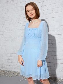SHEIN Teen Girls Swiss Dot Ruched Bust Dress - Baby Blue - View 3