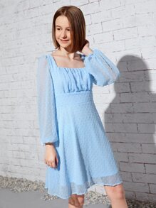 SHEIN Teen Girls Swiss Dot Ruched Bust Dress - Baby Blue - View 5