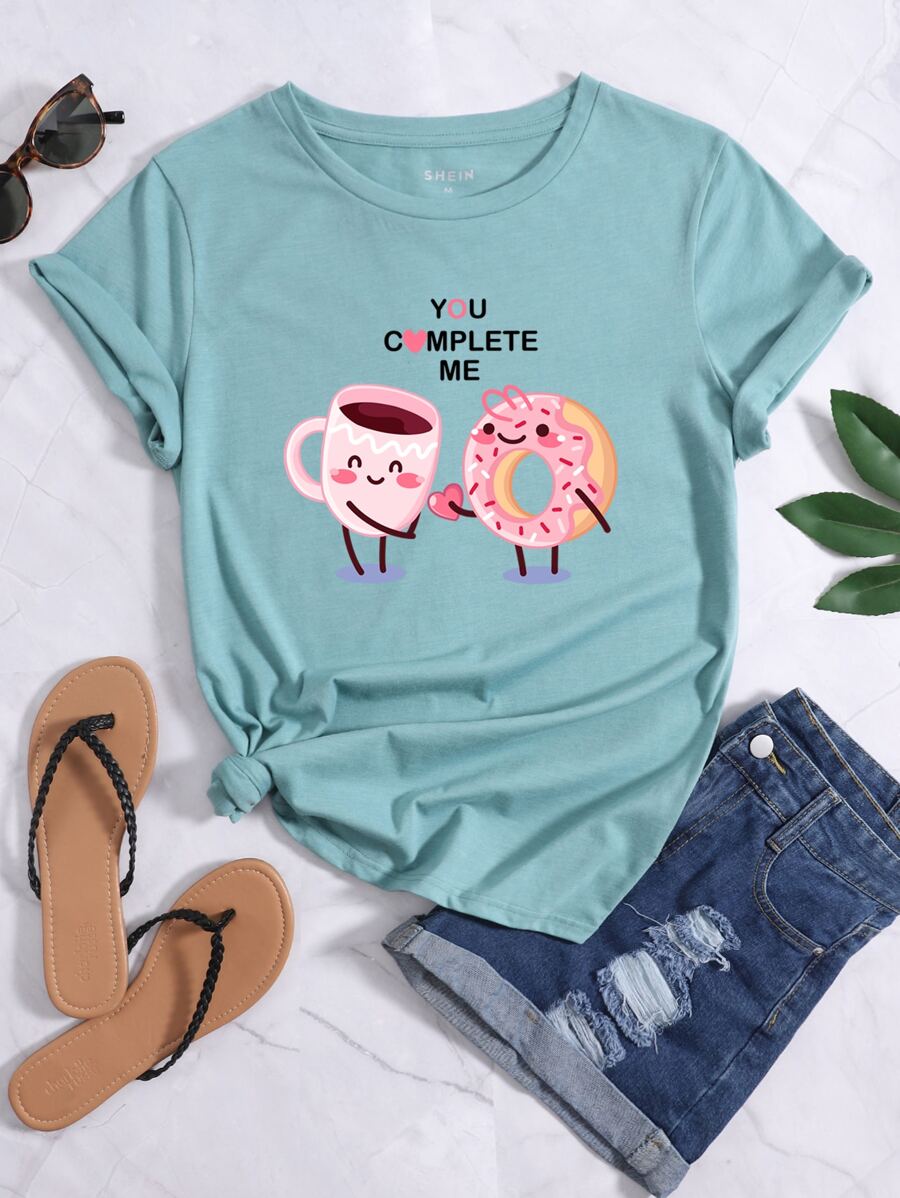 SHEIN LUNE Áo thun nữ Hoạt hình Lá thư Giải trí - Màu xanh Cadet - Xem 1