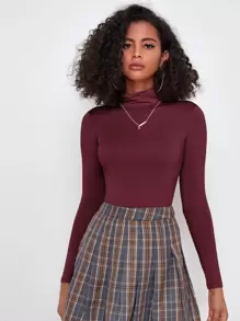 SHEIN Essnce 素色高領合適合身T恤 - 酒紅色 - 查看 1