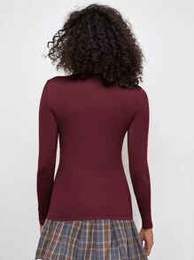 SHEIN Essnce 素色高領合適合身T恤 - 酒紅色 - 查看 2