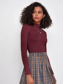 SHEIN Essnce 素色高領合適合身T恤 - 酒紅色 - 查看 3