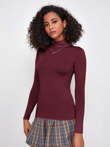 SHEIN Essnce 素色高領合適合身T恤 - 酒紅色 - 查看 5