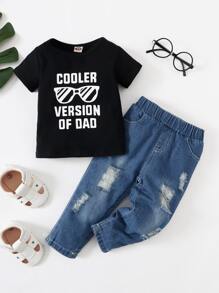 Baby Boy Slogan And Glasses Print Tee & Ripped Jeans