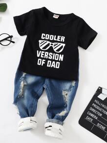 Baby Boy Slogan And Glasses Print Tee & Ripped Jeans